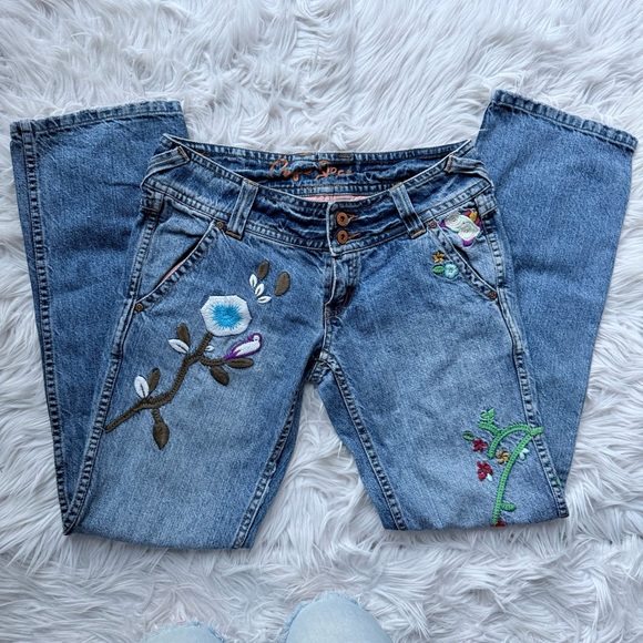Vintage Pepe London Denim Jeans Floral Boho Embroidery Low Rise - no size tag - Picture 1 of 13